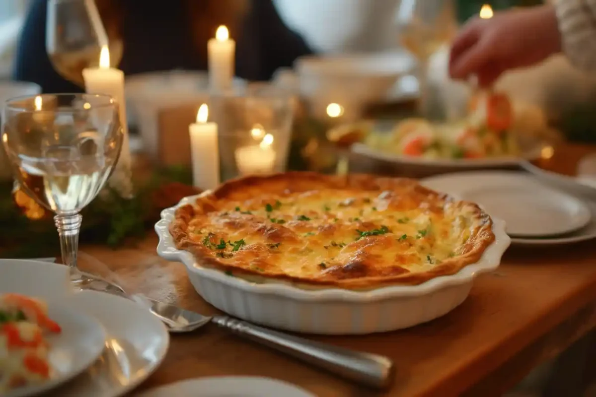 A hot slice of crab and shrimp quiche being served