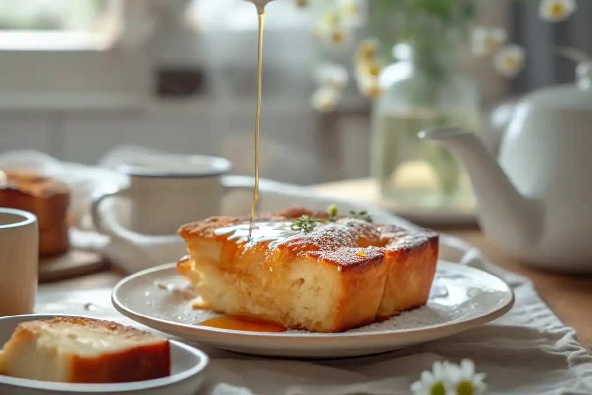 A warm slice of french toast bake with sourdough bread being served