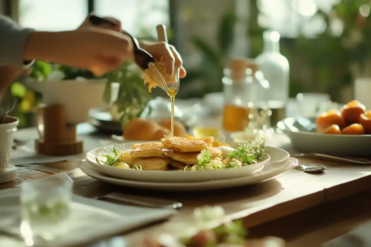 Syrup-topped pancakes served from the recipe without milk, eggs, or butter