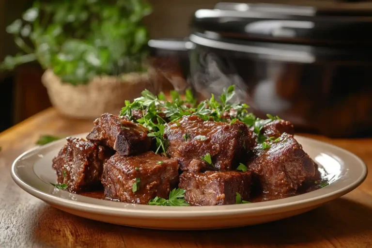 A plate of tender slow cooker boneless short ribs garnished with herbs.