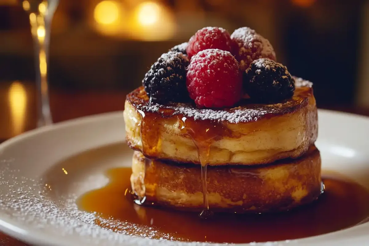 Golden sourdough French toast with syrup and fresh berries