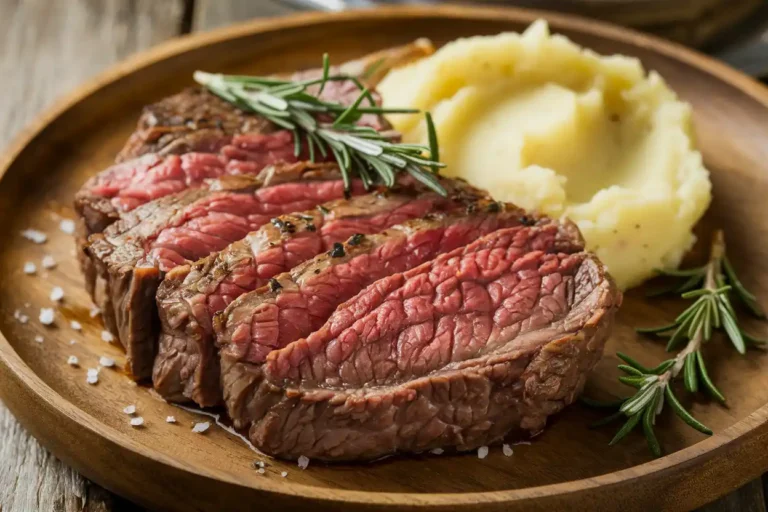 Thin-cut beef round top round steak served with mashed potatoes and garnished with rosemary.