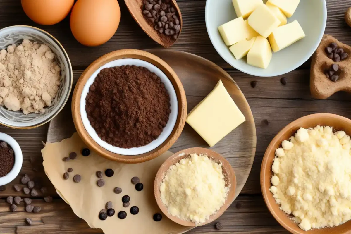Flat lay of ingredients for chocolate chip cookie pancake mix recipe