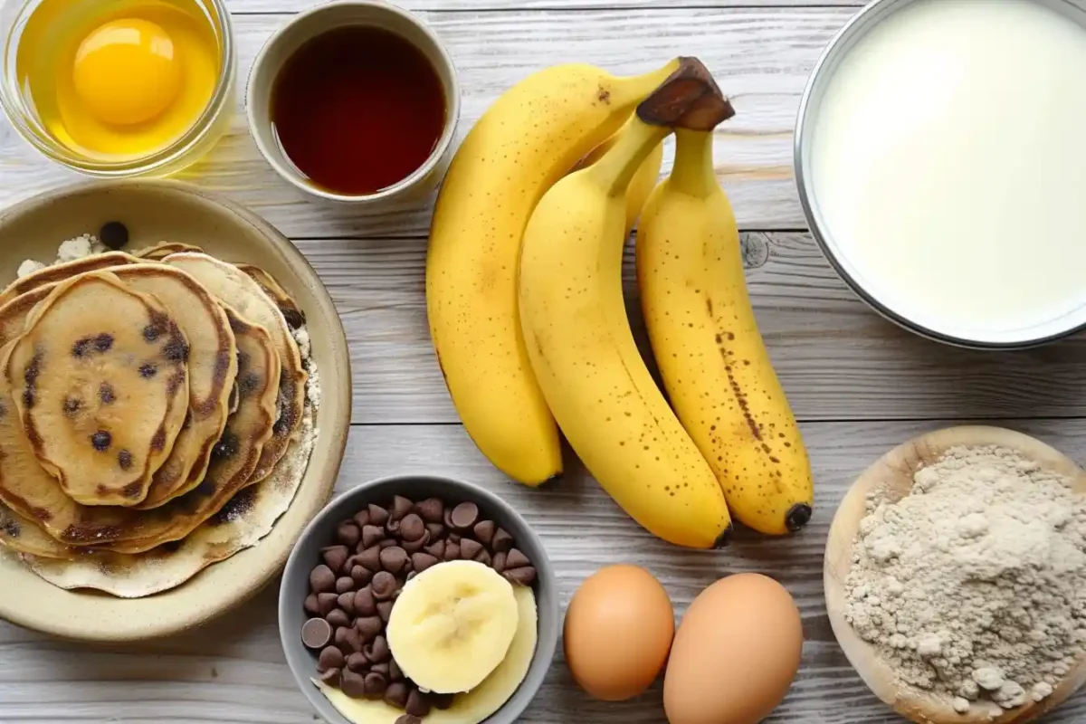 Flat lay of ingredients for easy banana chocolate chip pancakes recipe