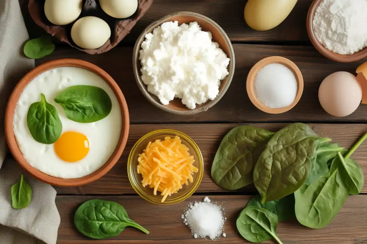 Flat lay of ingredients for egg and cottage cheese recipe