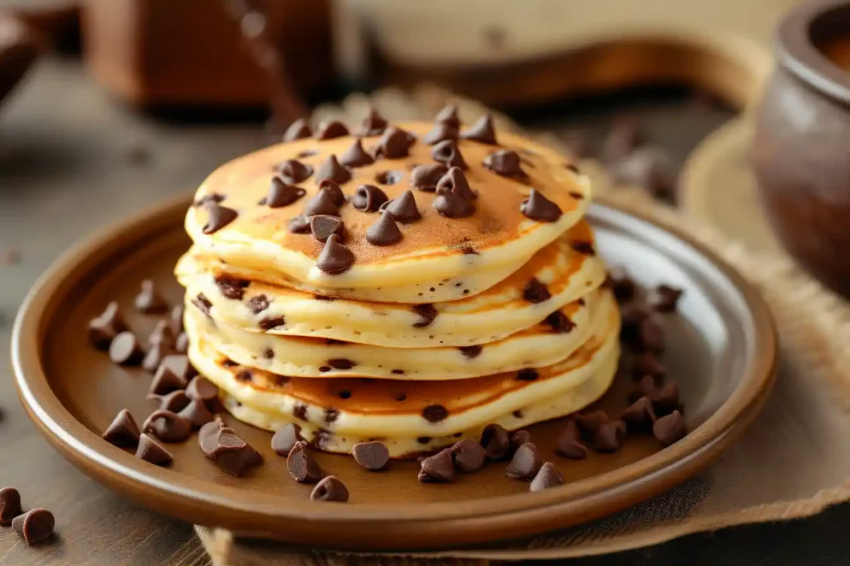 Freshly baked chocolate chip cookie pancake mix cookies on rustic plate