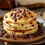 Freshly baked chocolate chip cookie pancake mix cookies on rustic plate