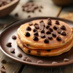 Stack of easy banana chocolate chip pancakes on rustic plate