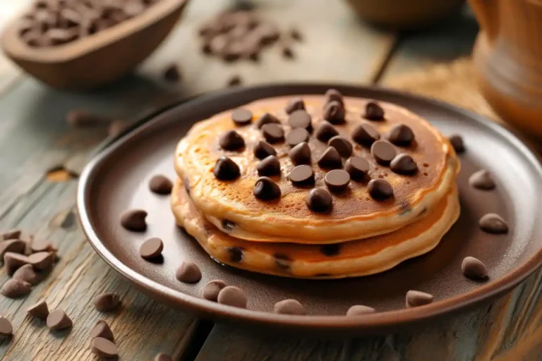 Stack of easy banana chocolate chip pancakes on rustic plate