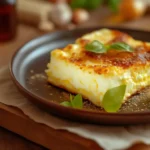 Fluffy egg and cottage cheese recipe served on a rustic plate