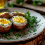 Freshly cooked armadillo eggs with sausage on a rustic serving plate