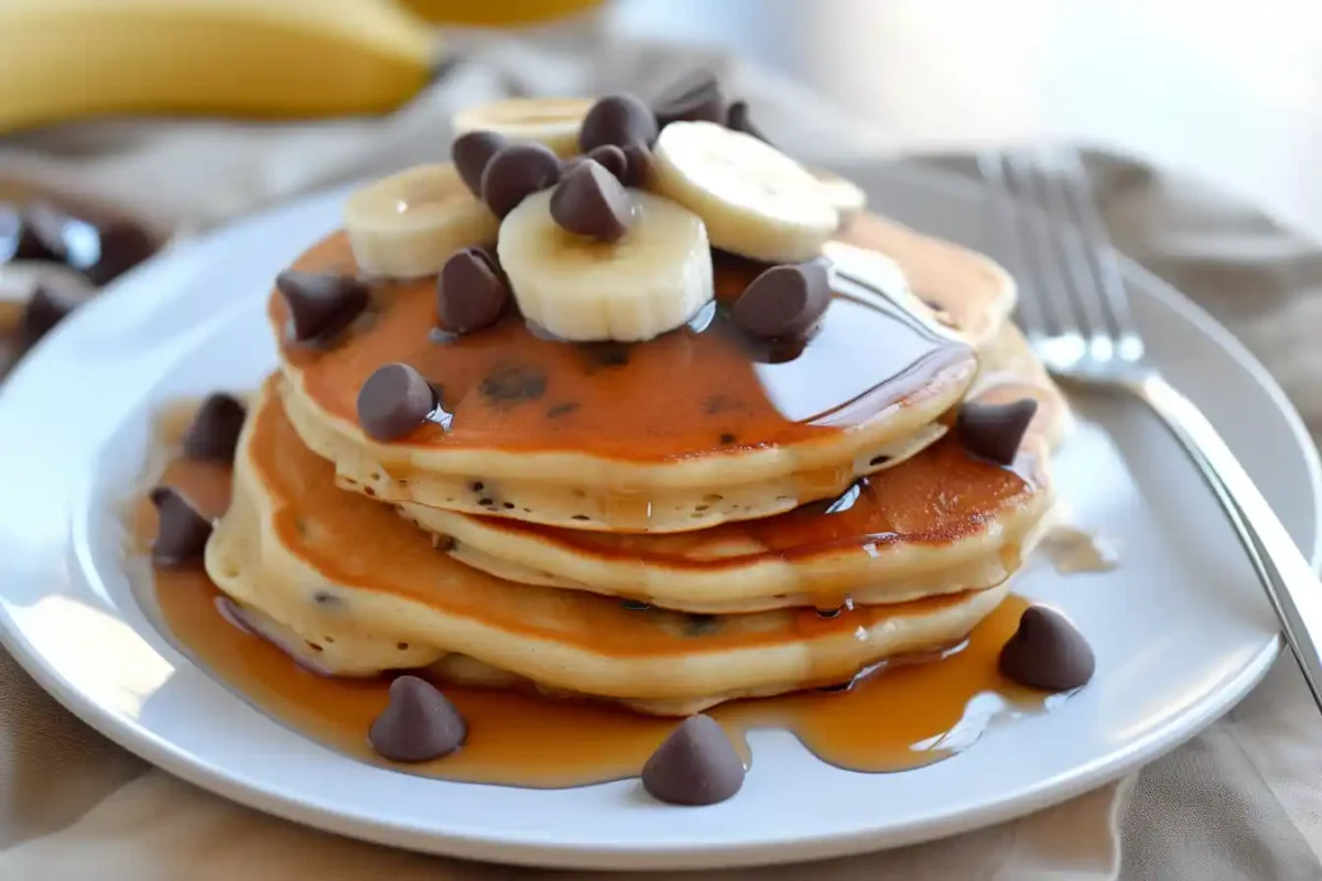 Serving stack of easy banana chocolate chip pancakes with syrup