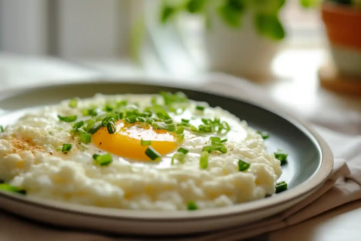 Serving egg and cottage cheese recipe in a warm breakfast setting