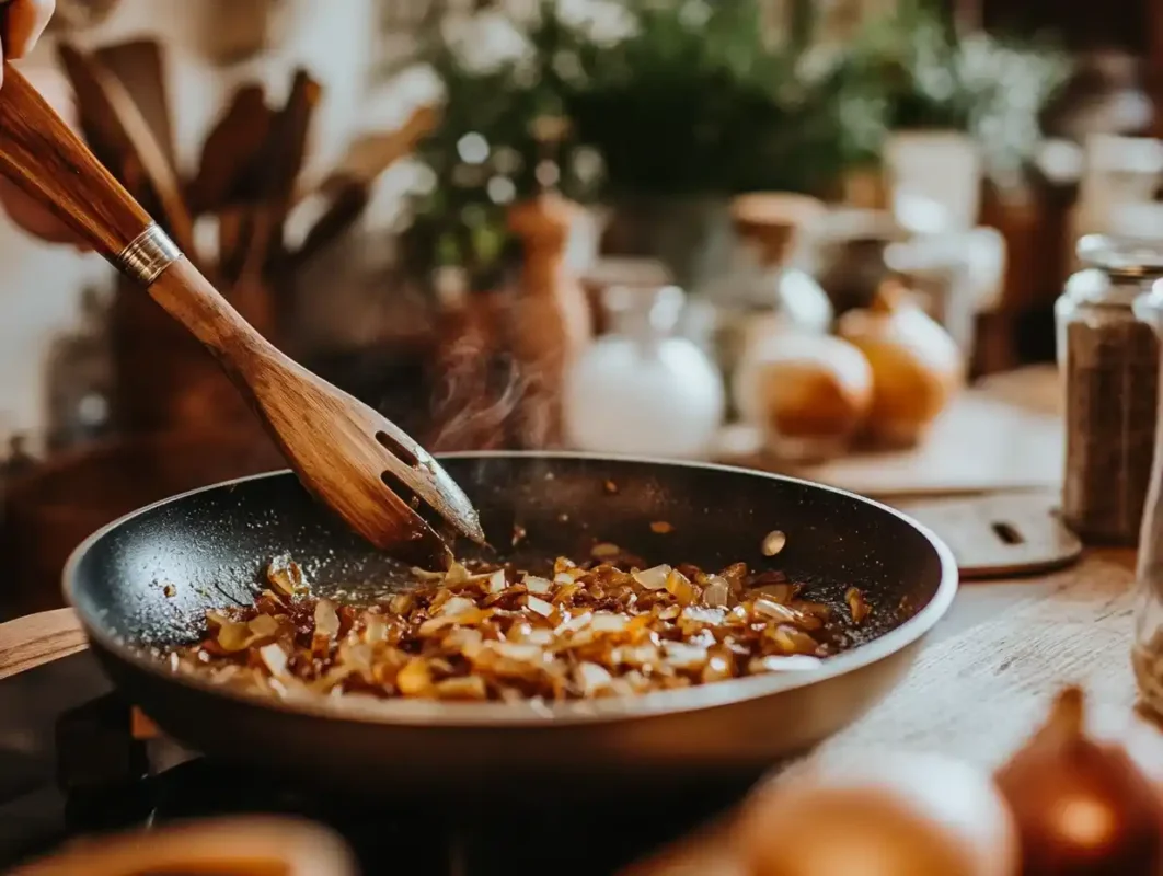 Golden brown caramelized onions in a pan with olive oil