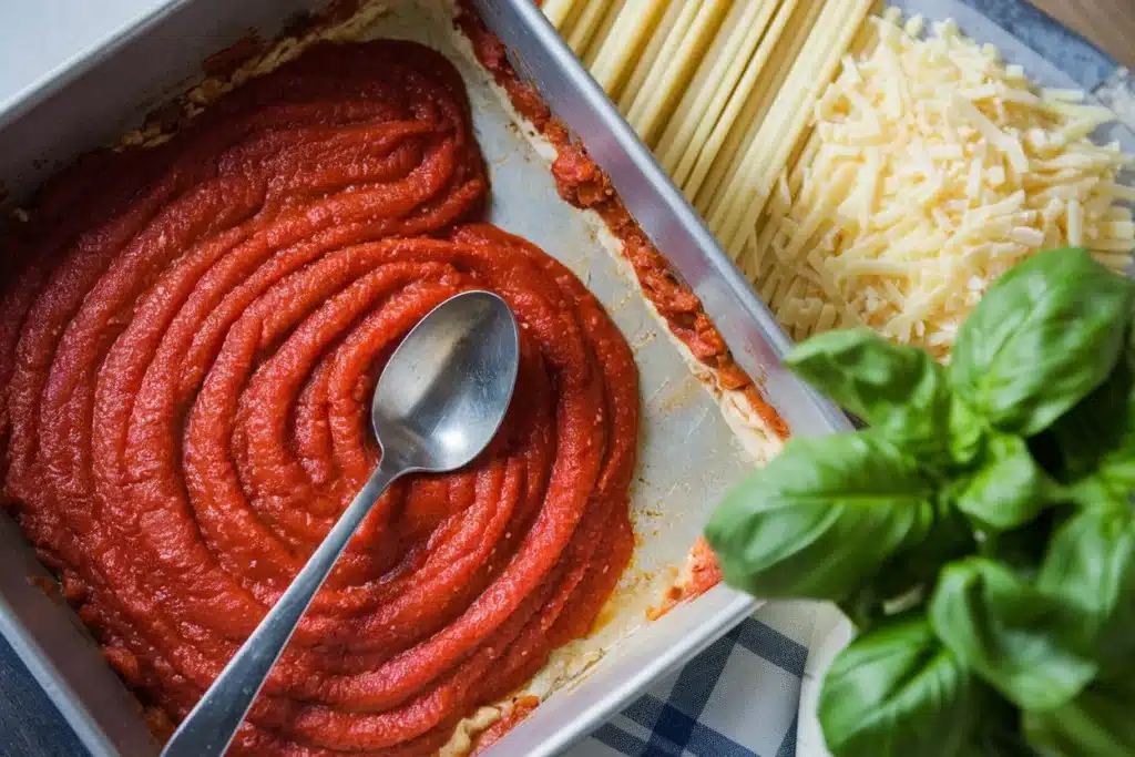 A baking dish with a thin layer of tomato sauce spread evenly across the bottom, ready for lasagna assembly.