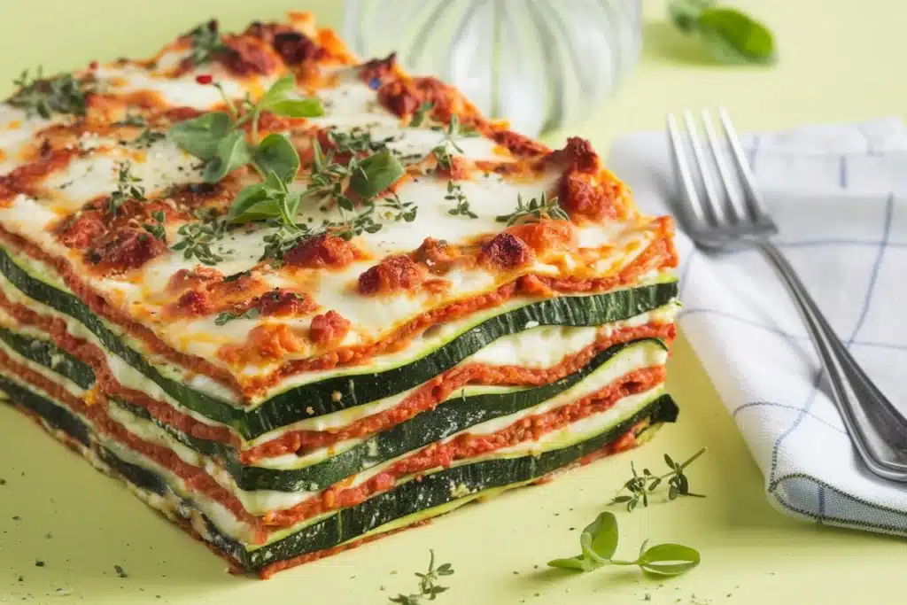 Vegetarian lasagna with layers of zucchini, spinach, ricotta, and melted cheese garnished with fresh herbs.