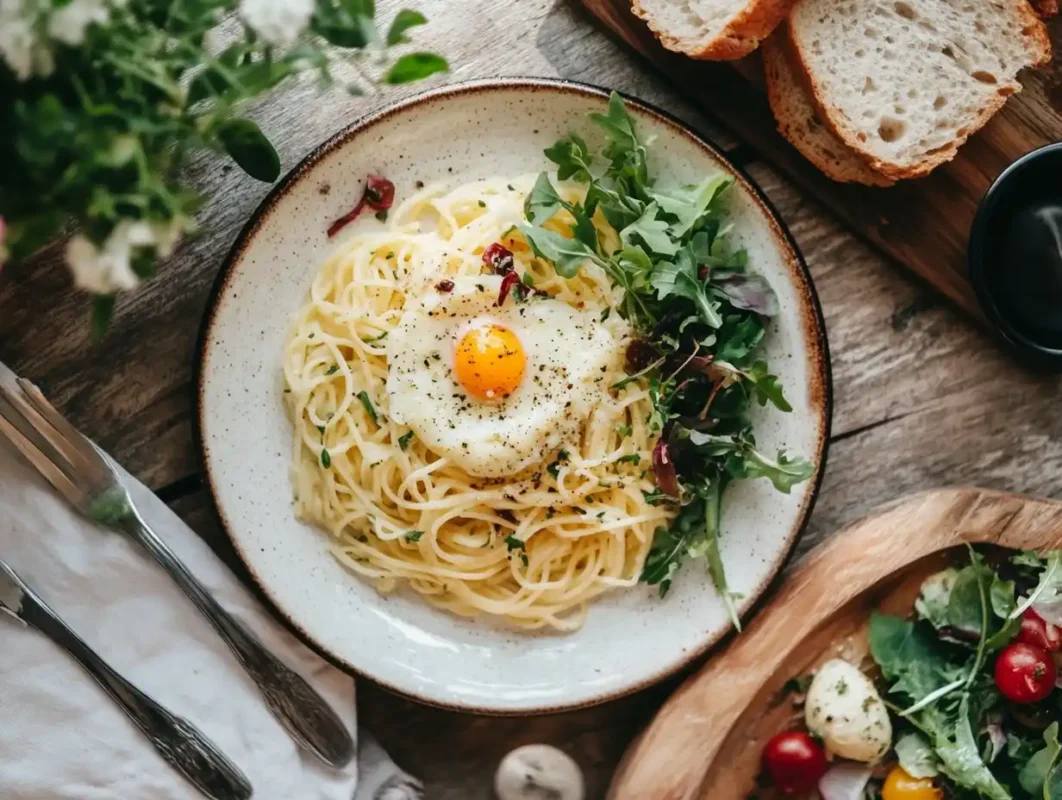 Eggs Onions Pasta served with garlic bread, salad,