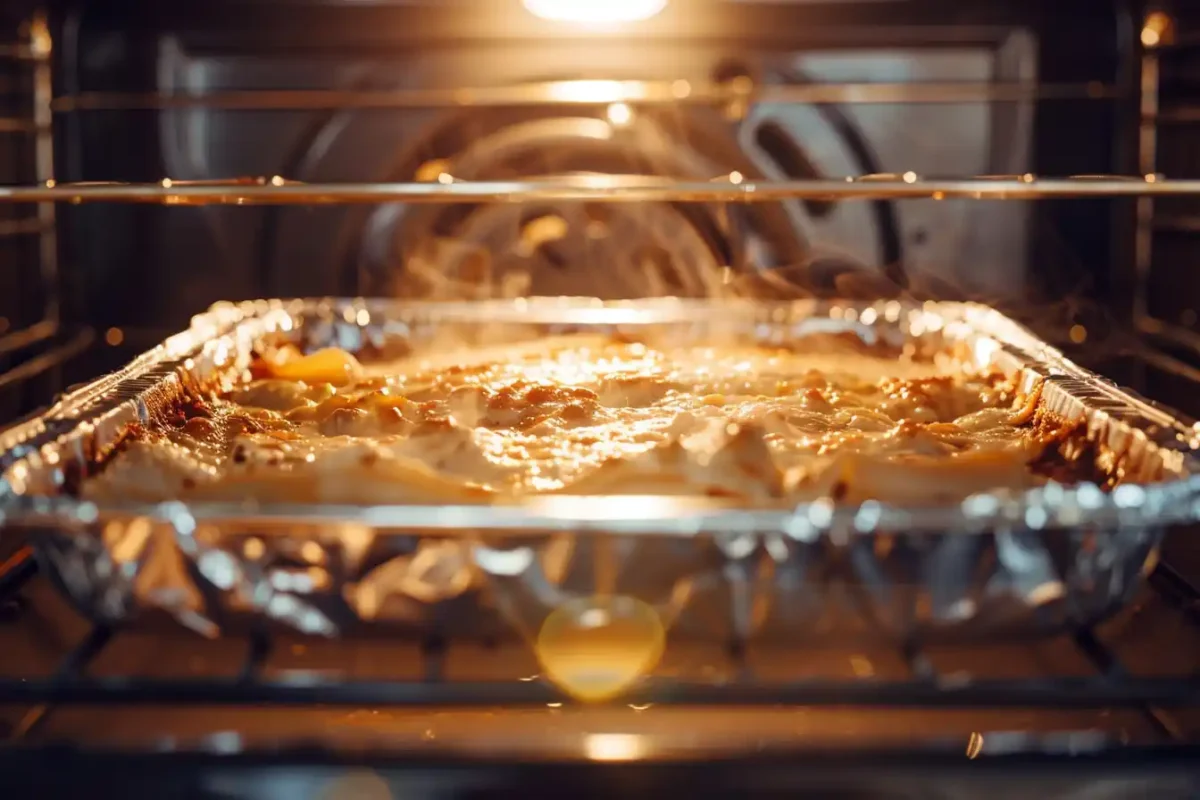 Lasagna with no-boil noodles baking with golden cheese
