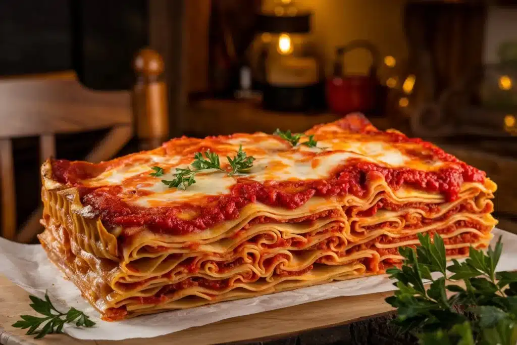 Golden-brown lasagna with pasta, marinara sauce, mozzarella, and parsley in a rustic Italian kitchen.