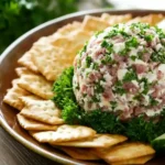 Cheese ball covered in herbs and dried beef with crackers