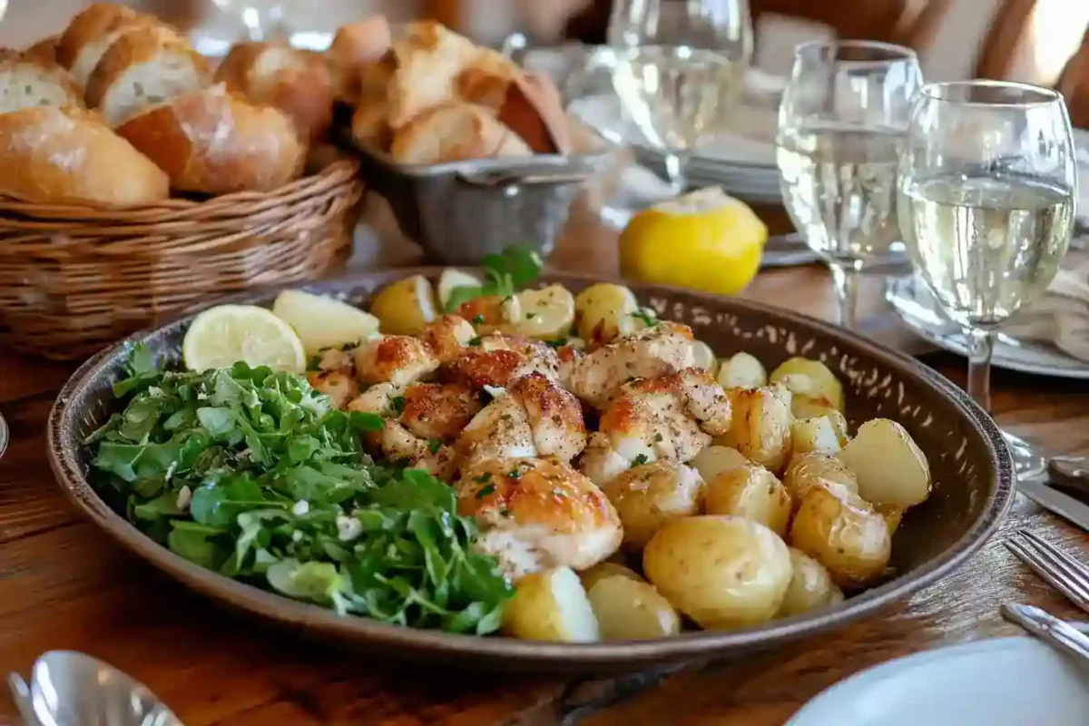Garlic parmesan chicken and potatoes served on a platter with salad and bread