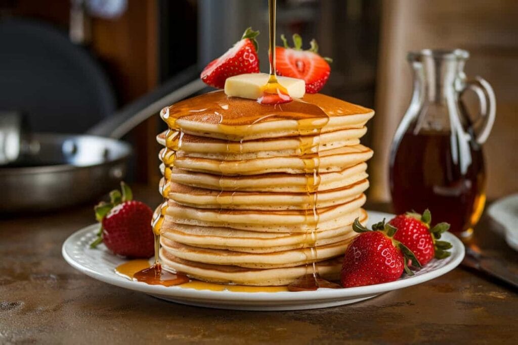 A stack of golden pancakes with butter, syrup, and strawberries on a rustic table.