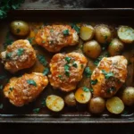 Golden garlic parmesan chicken breasts with crispy roasted potatoes on a baking sheet