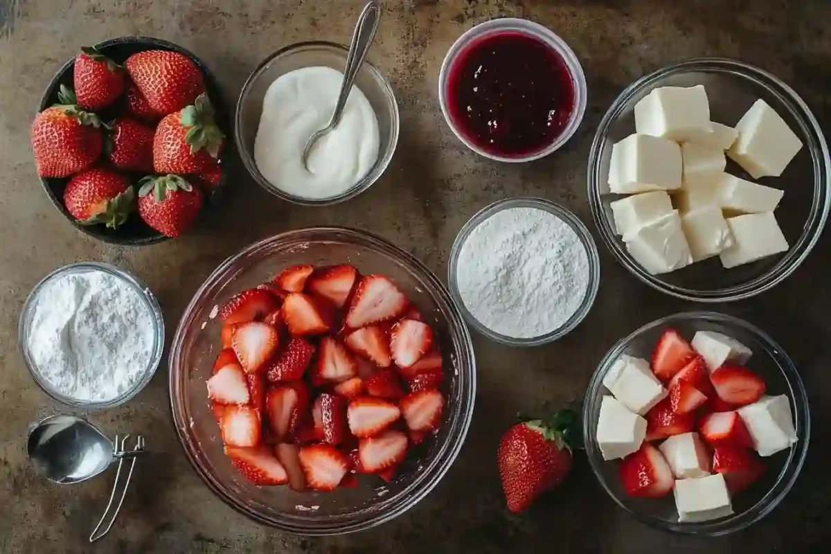 Fresh strawberries, cream cheese, and cake prepared for trifle