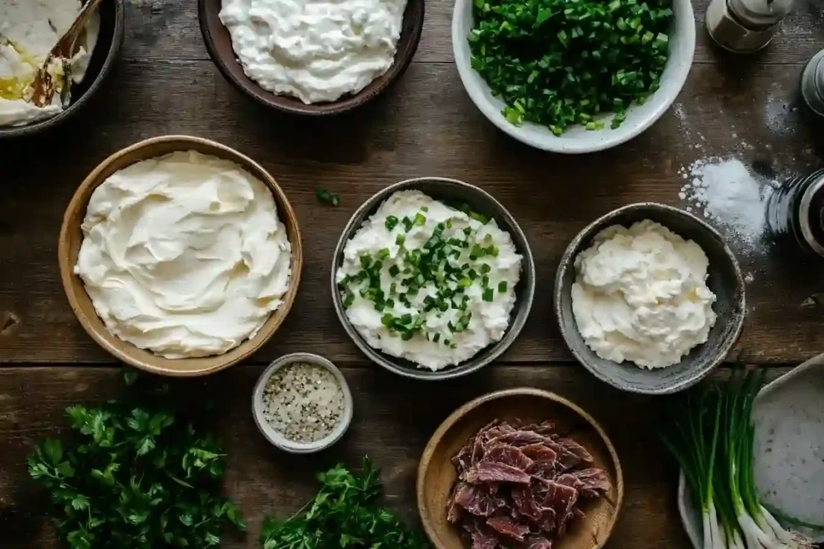 Cream cheese, dried beef, green onions, parsley, and Worcestershire sauce