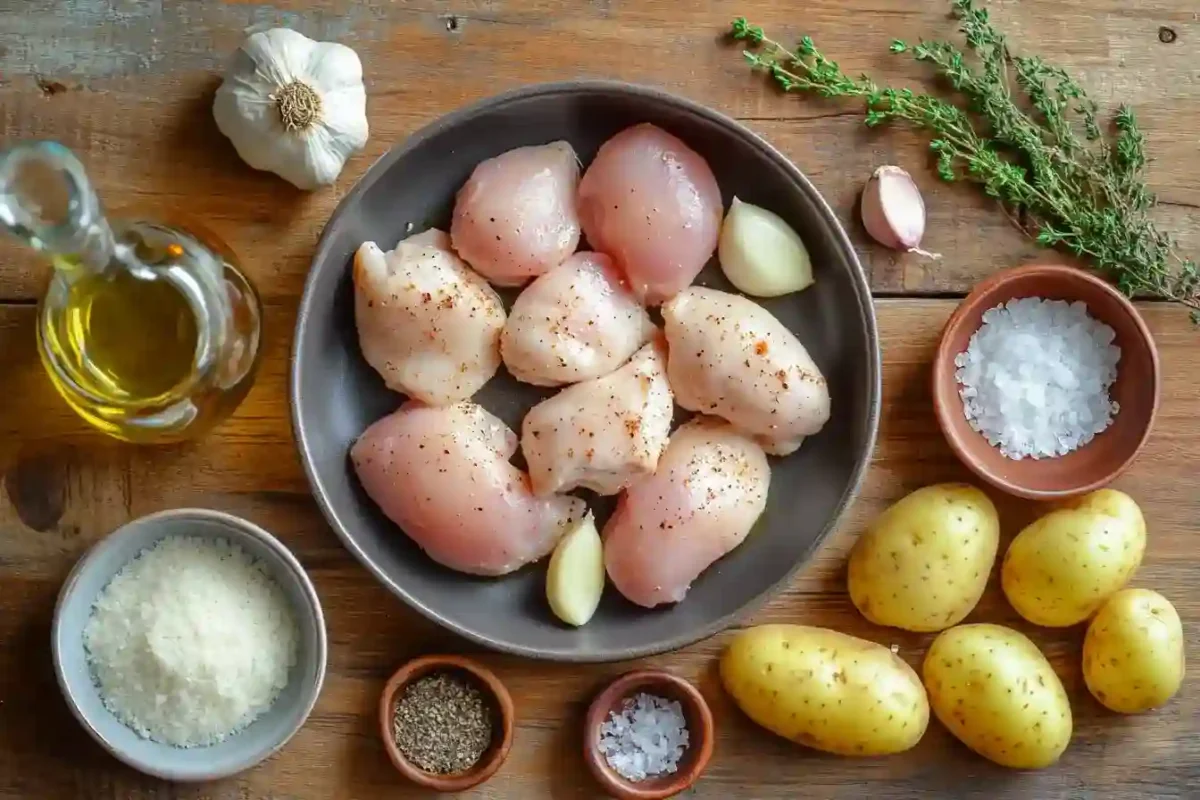 Parmesan cheese, garlic cloves, olive oil, and parsley on a wooden surface
