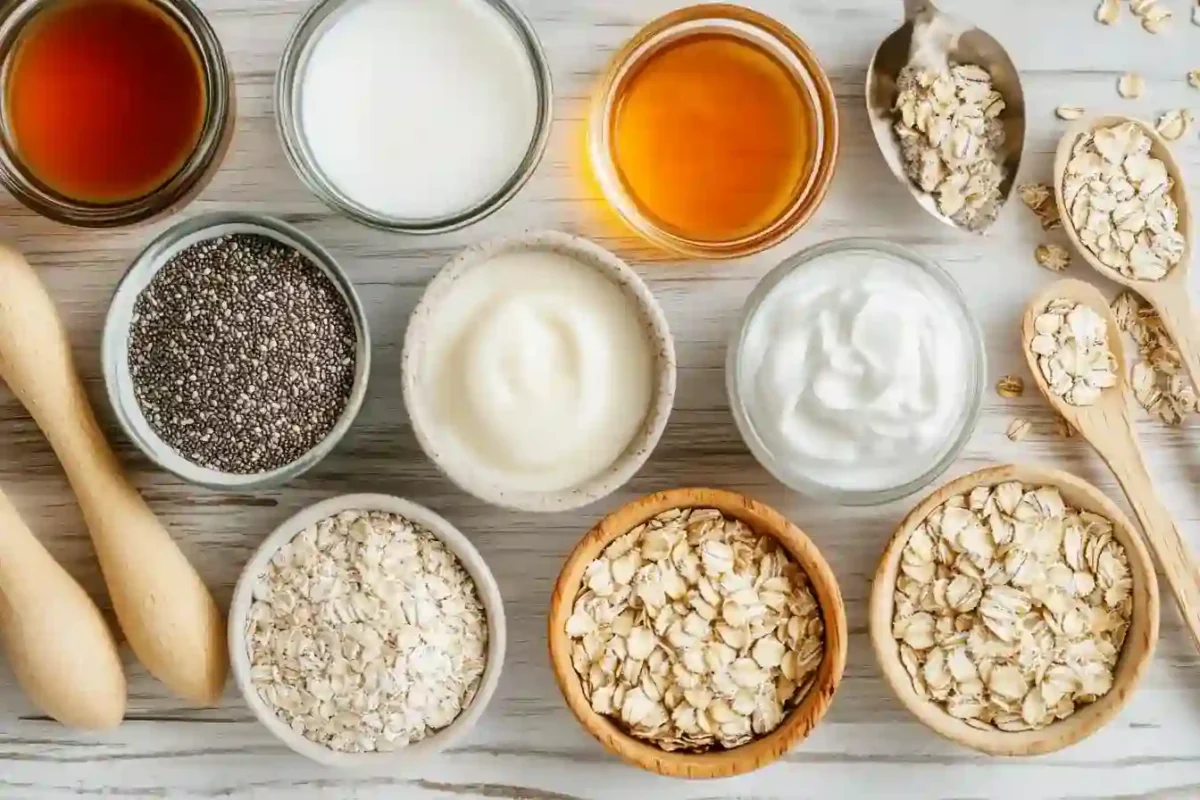 Ingredients for making protein overnight oats arranged on countertop