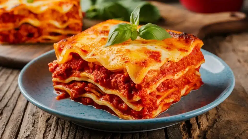 Freshly prepared no-boil lasagna with golden cheese and layers of sauce.