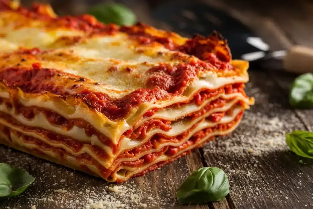 Golden and bubbly lasagna with visible layers of noodles, sauce, and cheese on a rustic wooden table.