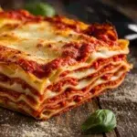 Golden and bubbly lasagna with visible layers of noodles, sauce, and cheese on a rustic wooden table.