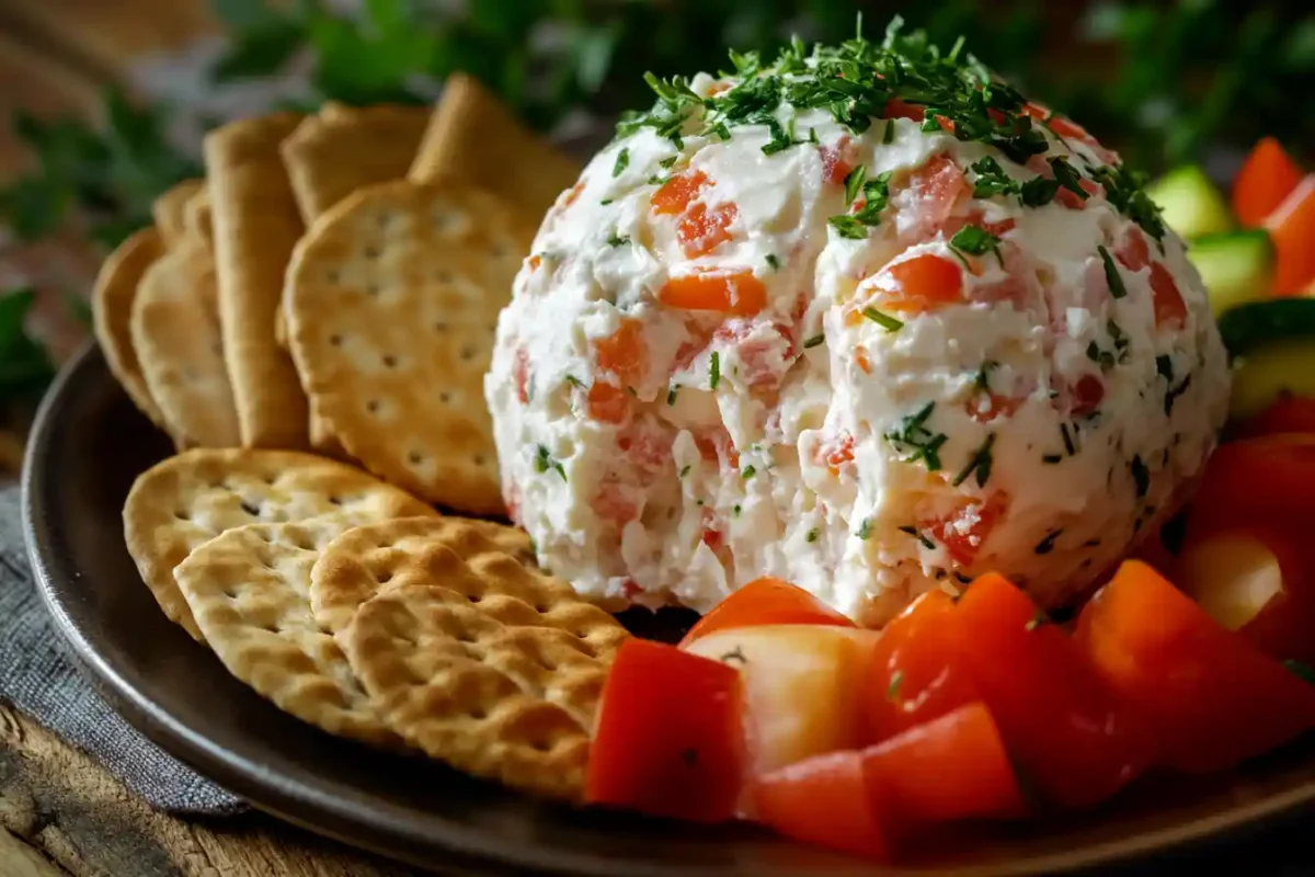 Cheese ball slices with crackers and vegetables