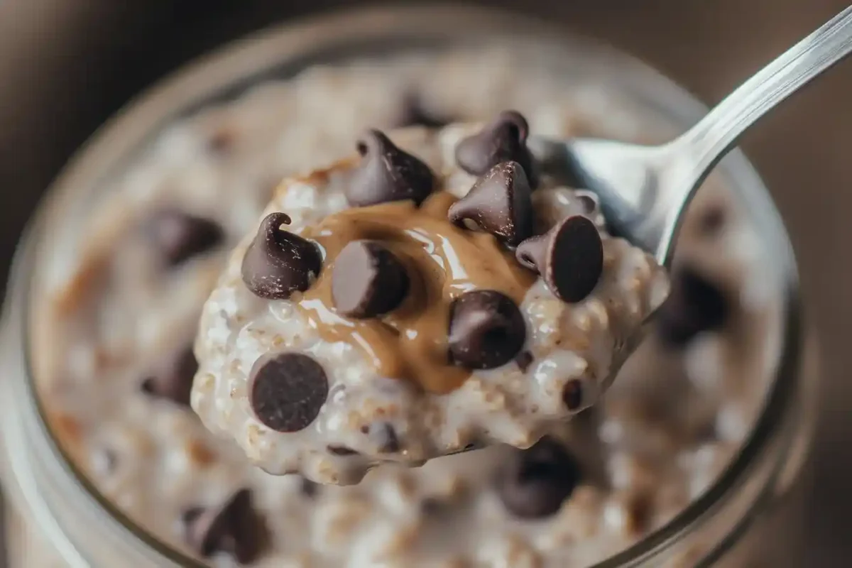 Close-up of thick protein overnight oats on spoon