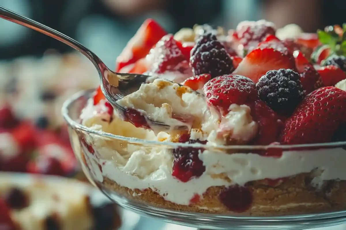 Layered spoonful of strawberry cheesecake trifle dessert