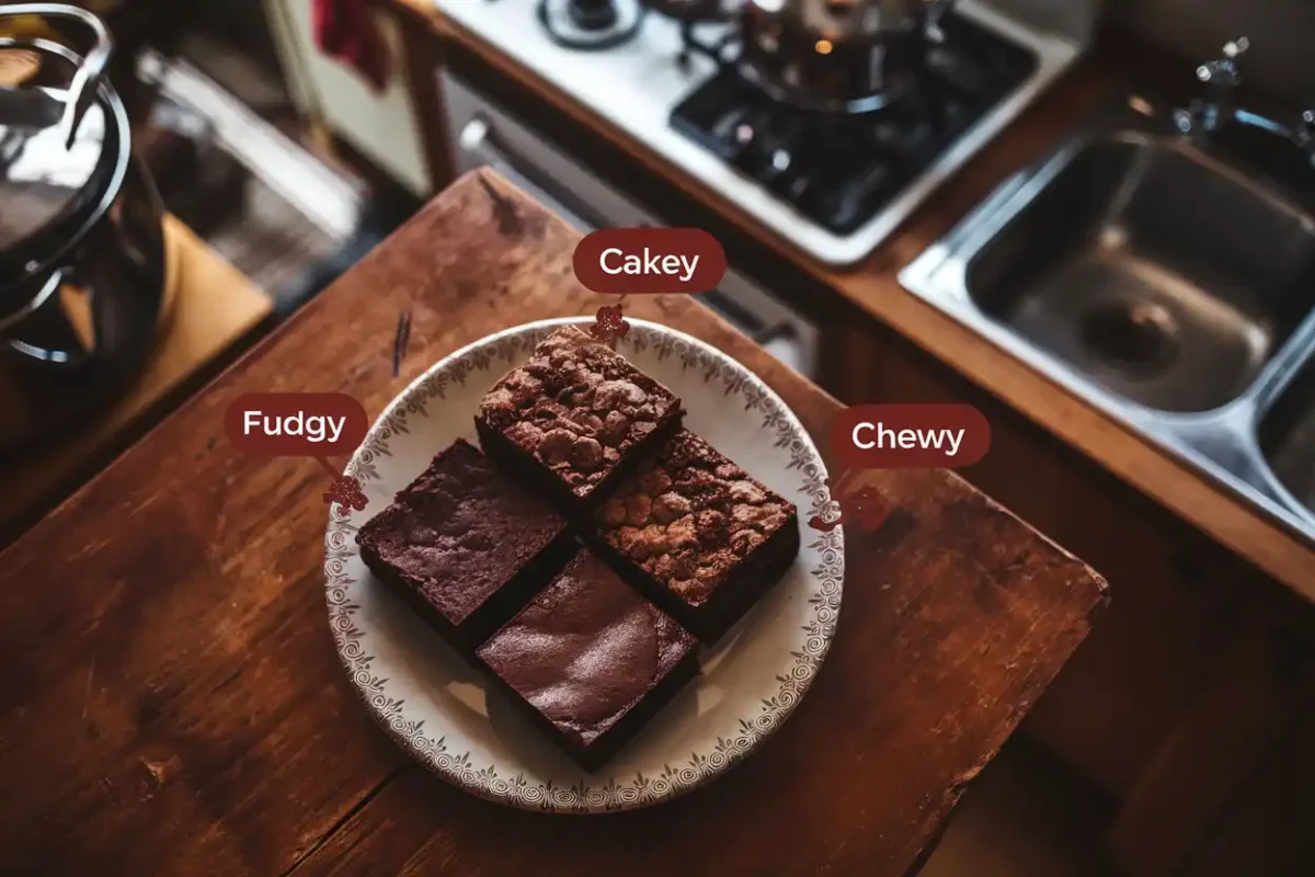 A plate with three types of brownies—fudgy, cakey, and chewy—on a wooden table.