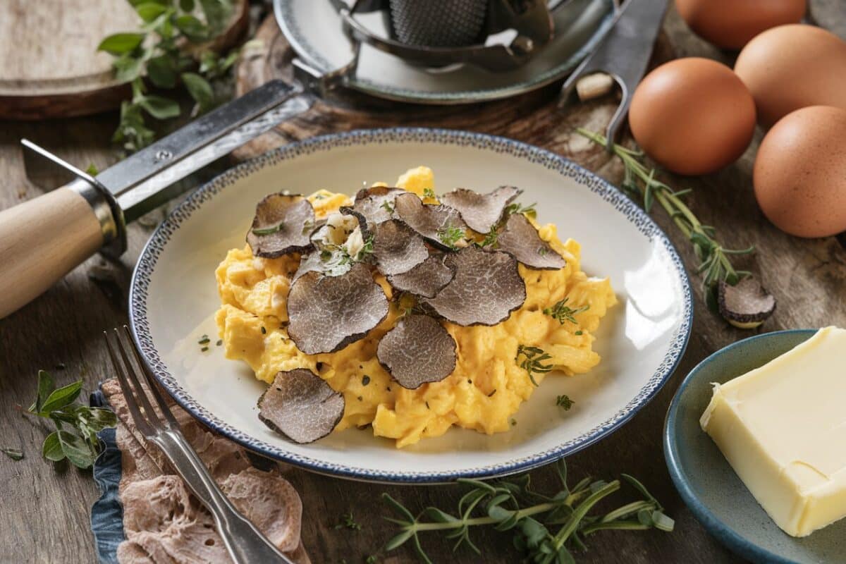 Scrambled eggs topped with shaved black truffles on a rustic table.