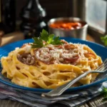 Creamy pasta with eggs, onions, and Parmesan cheese on a rustic table.