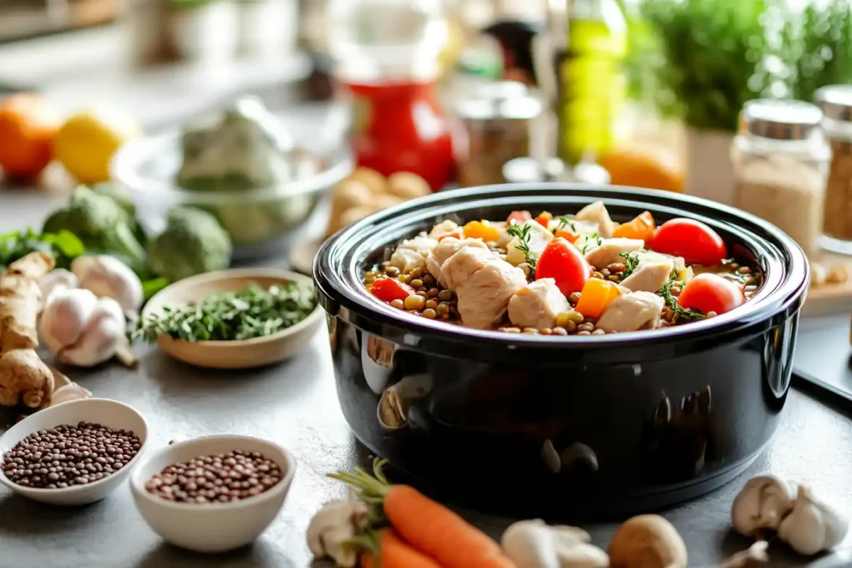 A slow cooker surrounded by fresh protein-rich ingredients like chicken and lentils.
