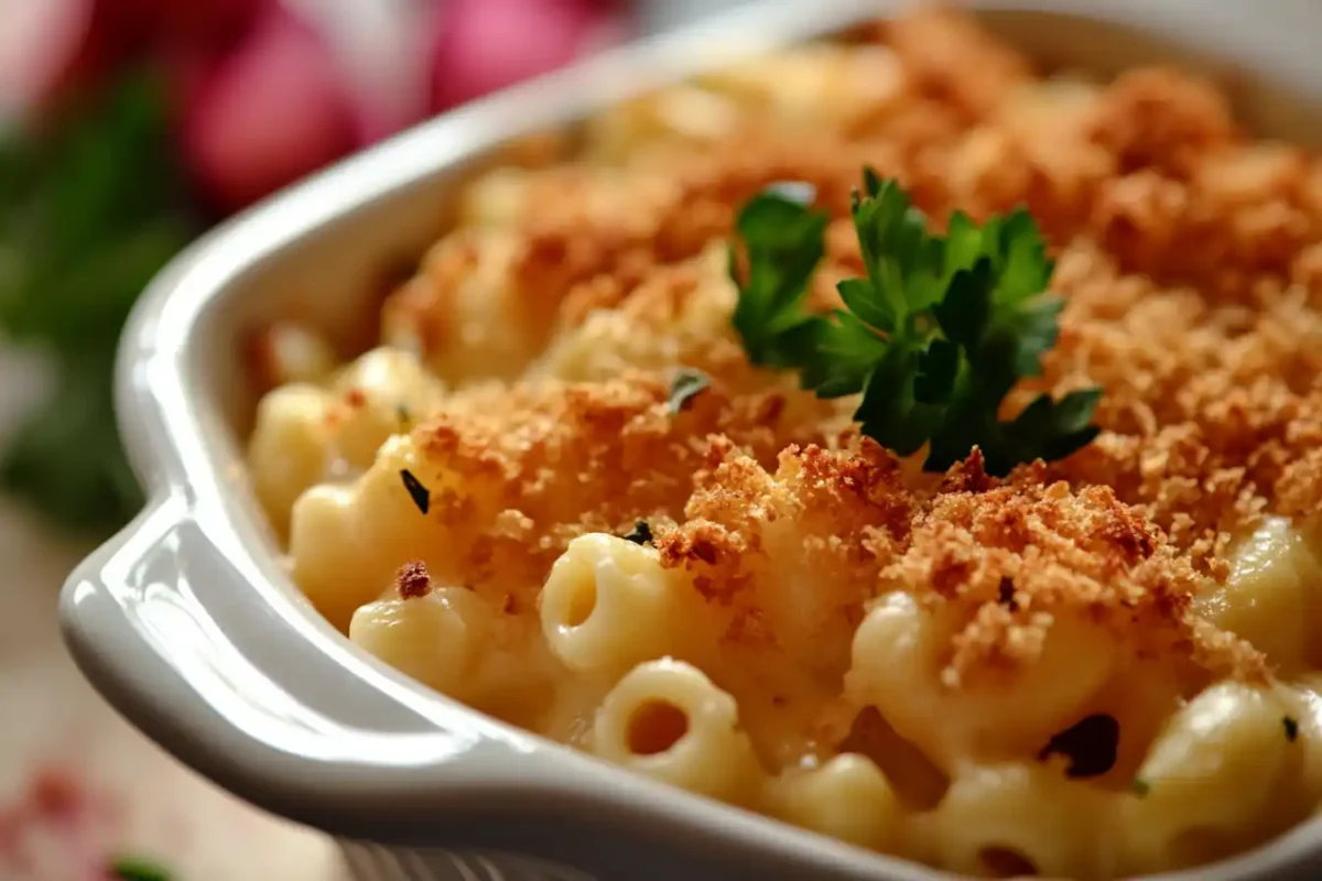 Baked 3 cheese mac and cheese with golden breadcrumb topping