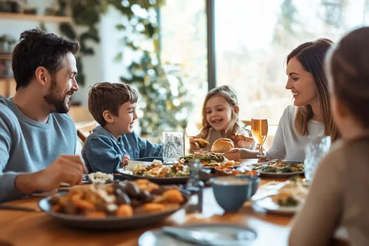 A family gathered around the table, enjoying a protein-rich slow cooker dish.