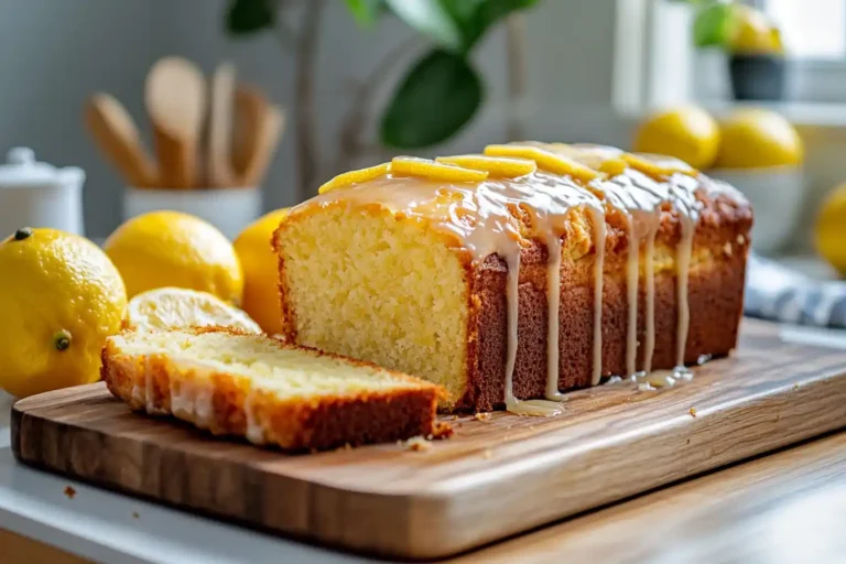 A freshly baked lemon loaf with a glossy glaze on a wooden board.