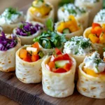 Colorful cottage cheese wraps with fresh veggies and herbs