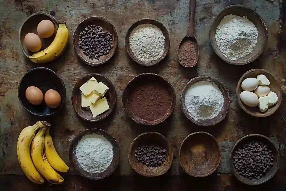 Ingredients for chocolate and banana brownie recipe arranged on a kitchen counter