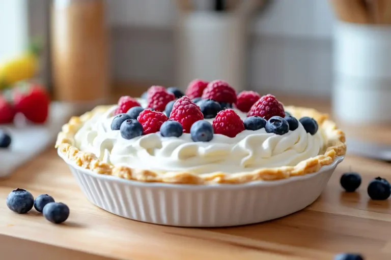 A freshly made Creamy Cool Whip Pie topped with berries on a wooden counter.