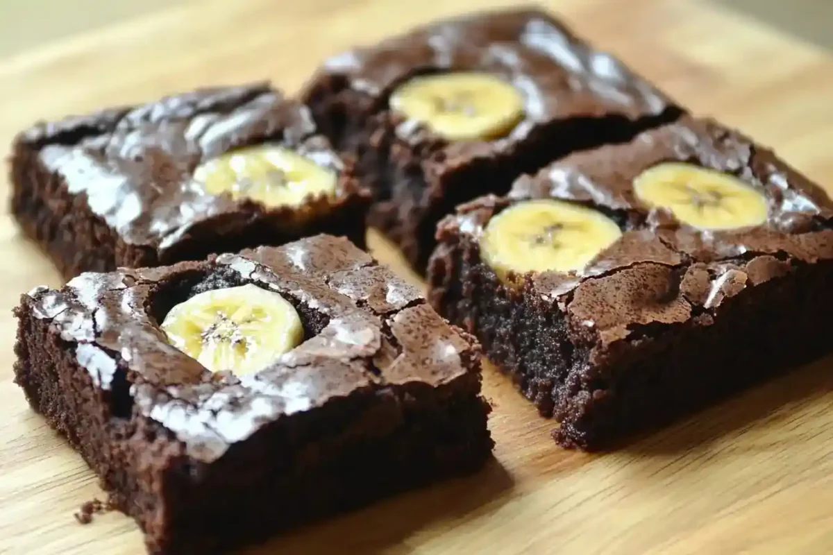 Moist chocolate and banana brownies on a wooden tray