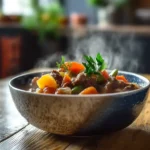 A steaming bowl of high-protein slow cooker beef stew with vegetables.