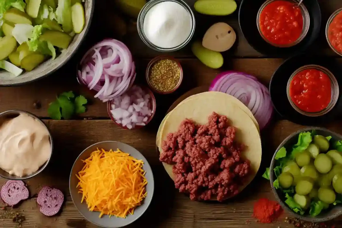 Flat lay of Big Mac Smash Burger Tacos ingredients on a wooden table